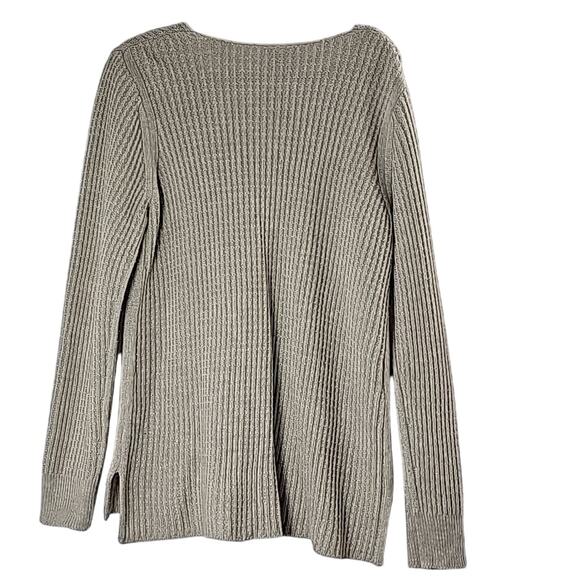 Womens Sz XL Tan Silver Metallic Thread Cable Knit V-neck Tunic Sweater - Picture 2 of 13